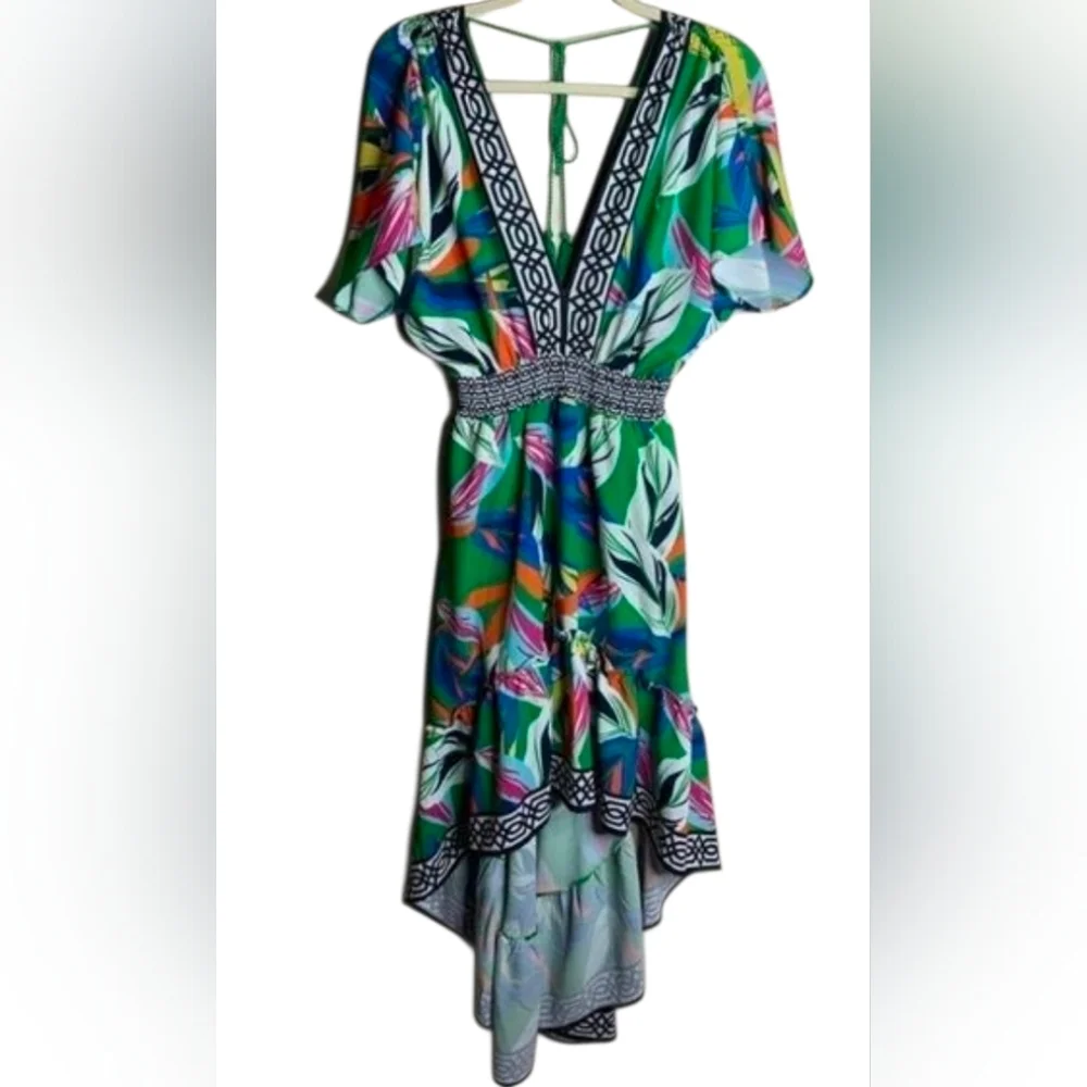 Flying Tomato Dress V-Neck Hi-Lo Floral Elasticized Waist Flowy Tropical Print - Picture 4 of 13